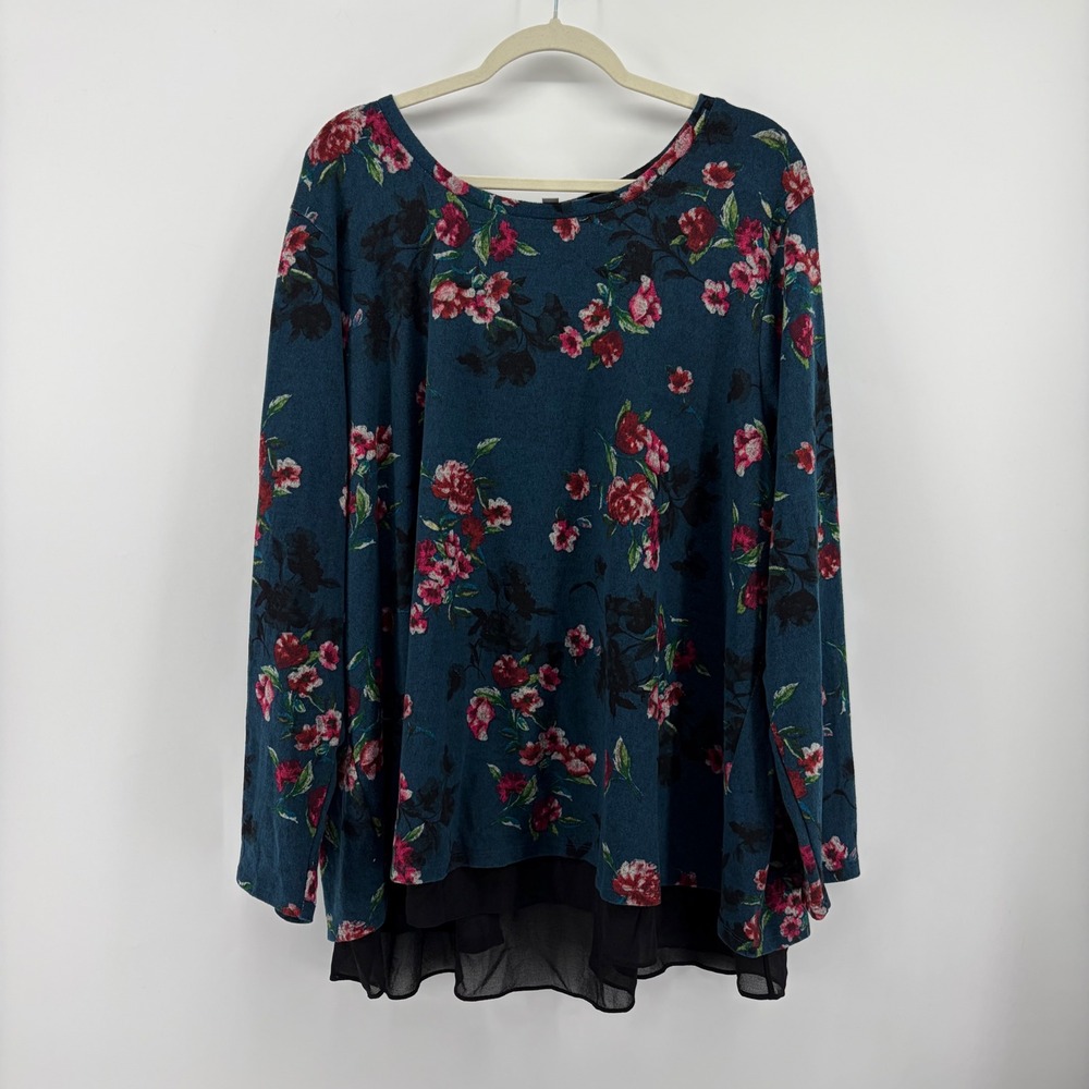 Avenue Womens 26/28 Teal Blue Floral Layered Hem Back Tie Long Sleeve Top
